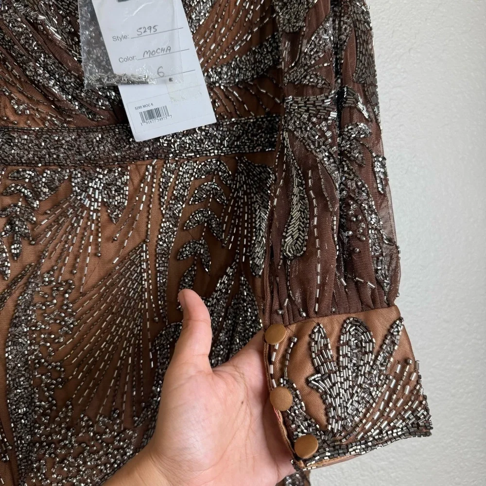 Mac Duggal Mocha Brown Beaded Long Sleeve Tulle Midi Cocktail Dress - Picture 9 of 14